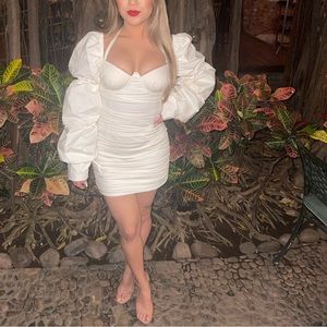 Oh Polly Long Puff Sleeve Ruched Mini Dress in White